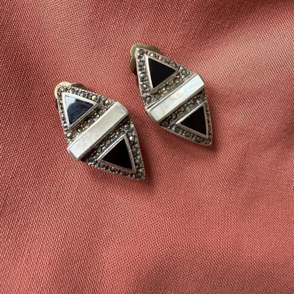 Vintage Art Deco Sterling silver Onyx Mother of Pearl and Marcasite Clip-on Earr